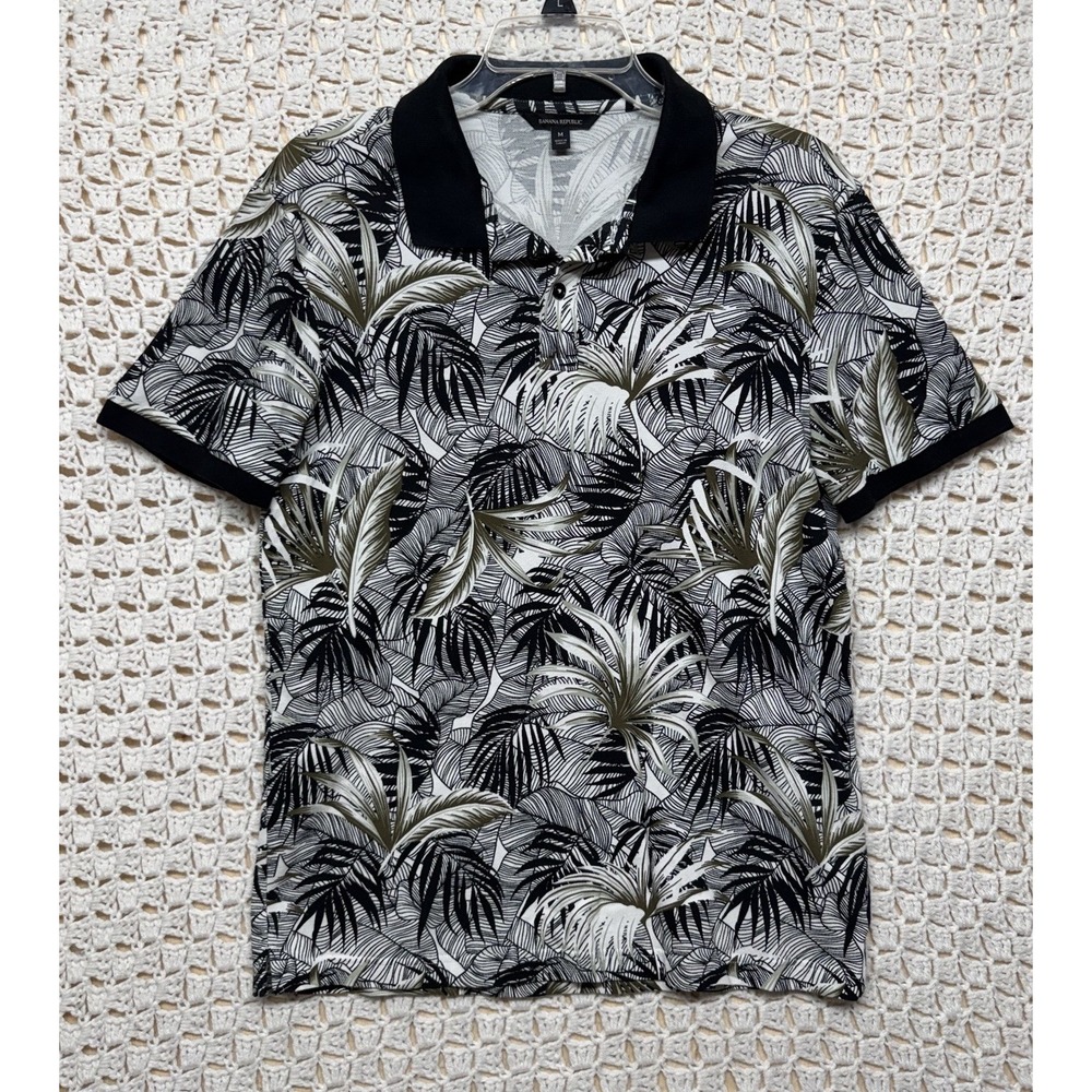 Banana Republic Polo Shirt Mens M Black White Short Sleeve Nature Leaf Print